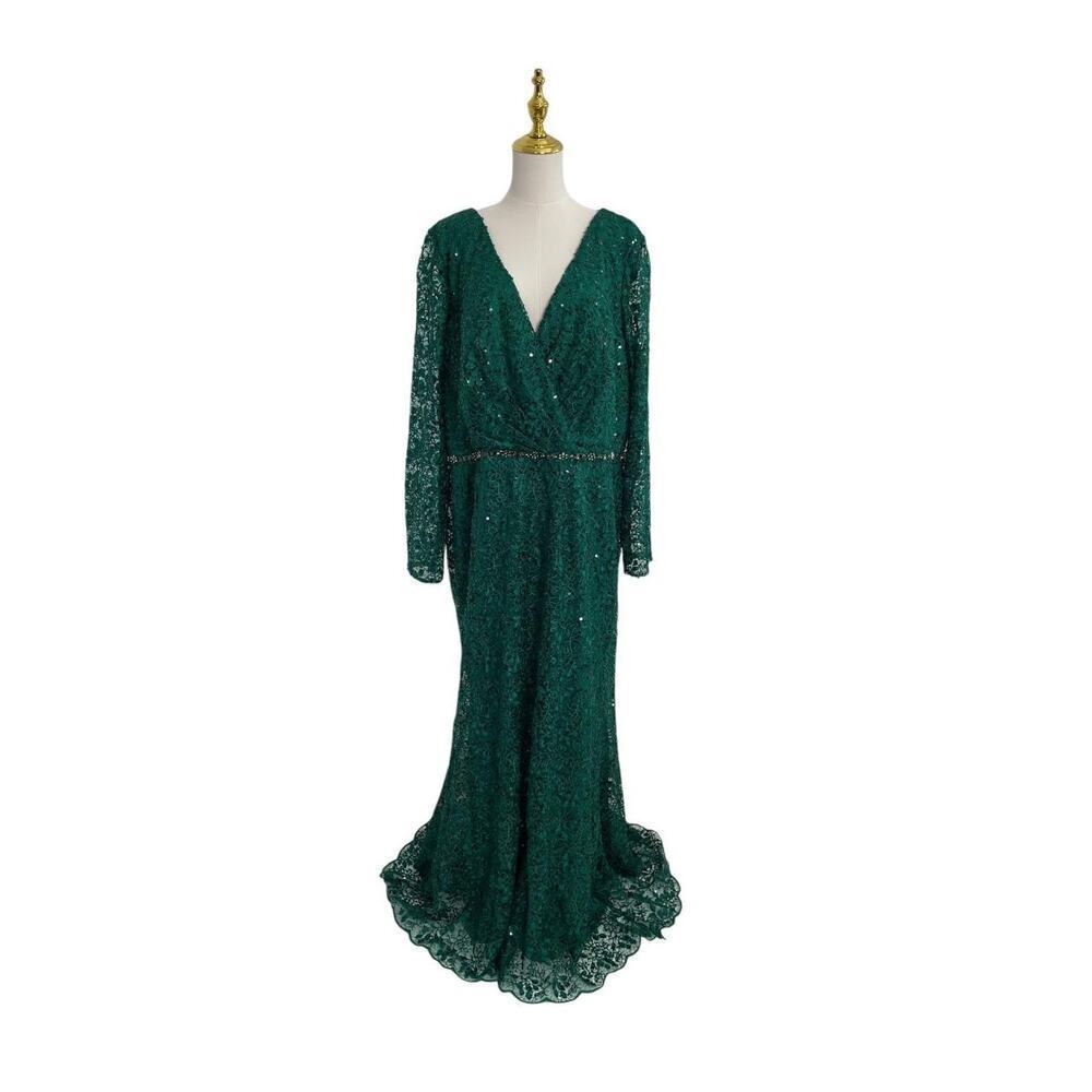Mac Duggal #68016 Emerald Green Beaded Embroidery Illusion Sleeve Dress Size 22 - Picture 2 of 8
